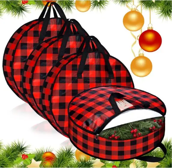 Round Buffalo Plaid Wreath Storage Bag Waterproof Christmas Tree Container