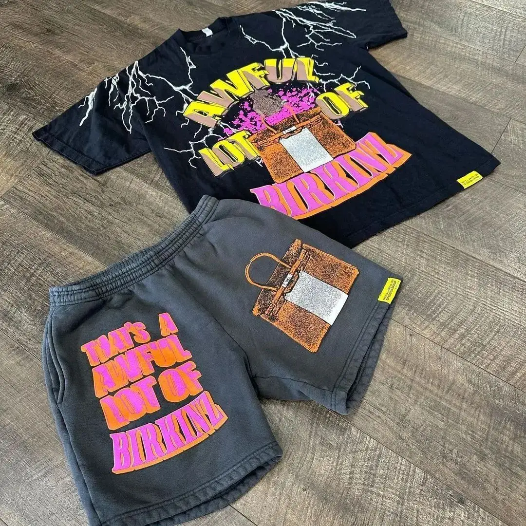 Vintage Mens Shorts Sets Cotton 2 Piece Set Acid Washed Men Summer Set T Shirts And Shorts