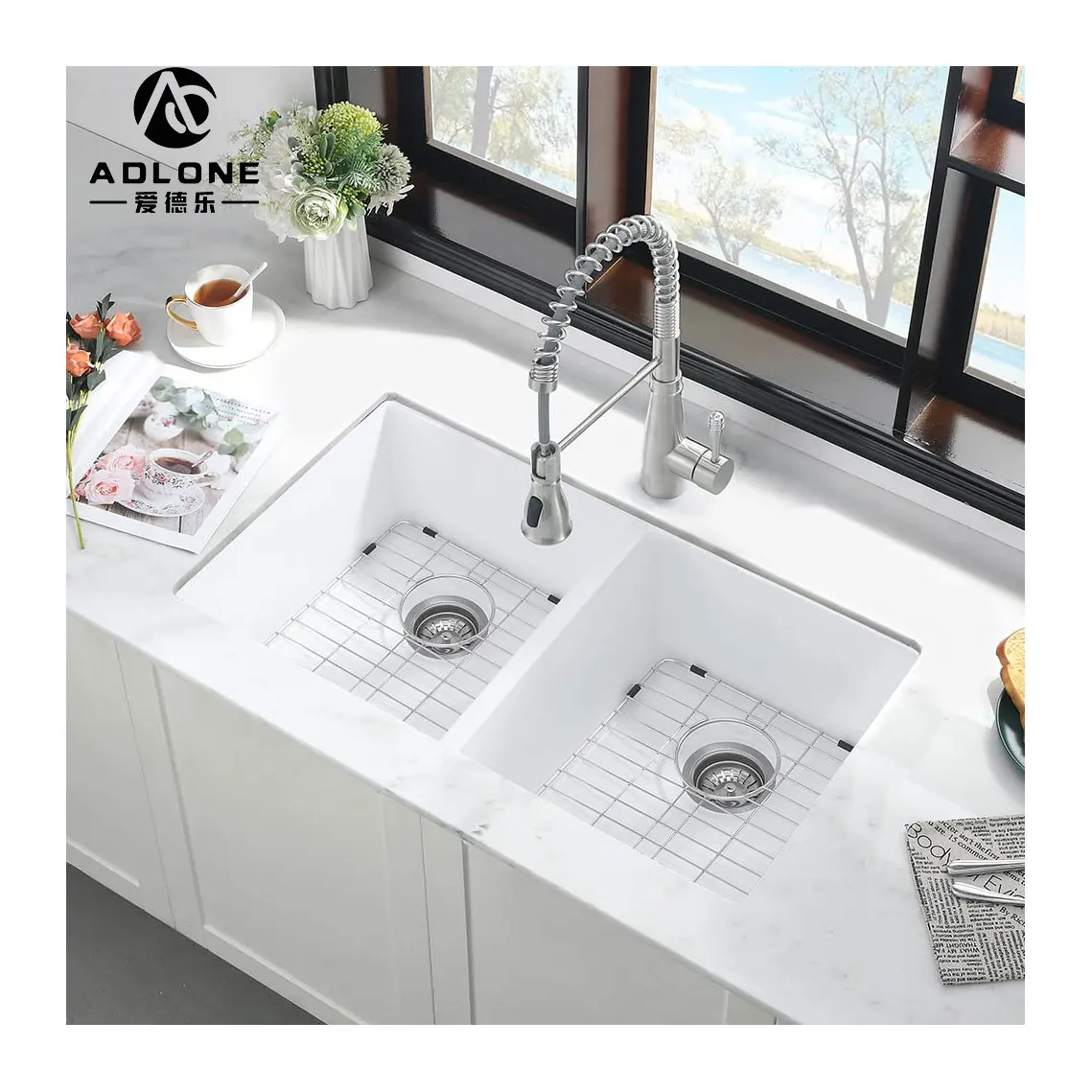 High quality handmade double bowl luxury Granite Composite quartz  kitchen sink