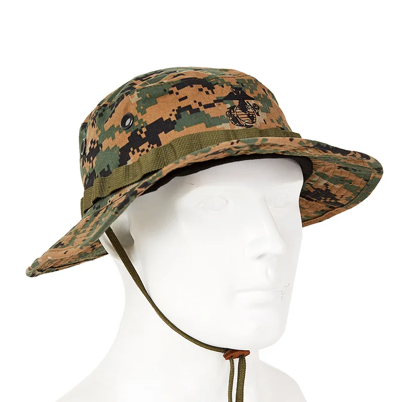 Customized Mans Women Cotton Camo Hole Adjustable Wind Rope Hiking Climbing Bucket Cap Fisher Hat