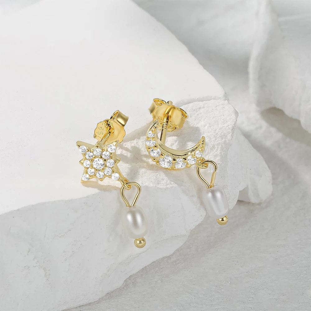 Handmade Fashion Trend Unique Gold Fashion S925 Sterling Silver Personality Star Moon Set With Pearl Pendant Eardrop Earrings