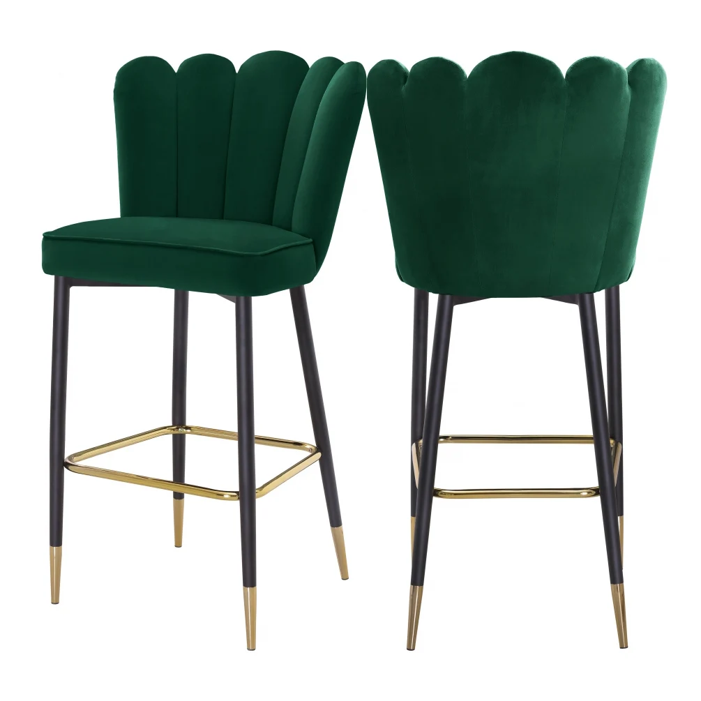 Modern Vintage Luxury Design Industrial Green Blue Velvet Metal Leg Upholstered Counter Scalloped Shaped High Bar Stool Chair