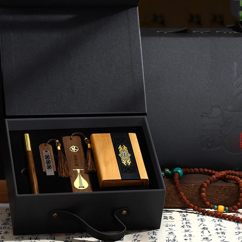 Custom High-grade Wooden Chinese Style Pen Holder Gift Box Business Flash Drive Bookmark Hand Multi-function Gifts Set