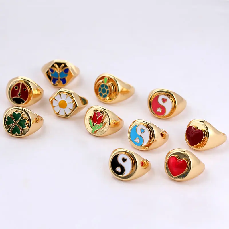 
2021 Gold Color Metal Rings Korean Cute Enamel Daisy Tulip Heart Yin and Yang Rings Stainless Steel for Women Jewelry 