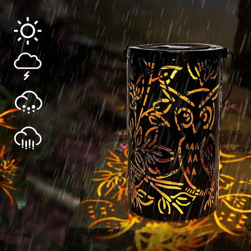 New Hot Sale Stock Iron Solar Owl Lamp Patio Cylindrical Led Outdoor Waterproof Hollow Night Lamp Landscape Lights