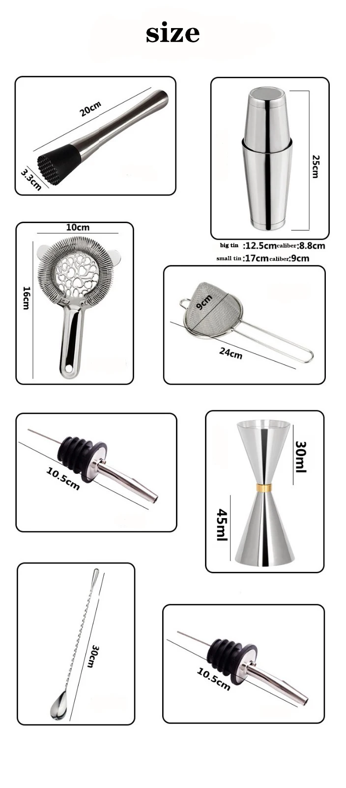 RTS Boston Shaker 18/8 Silver Stainless Steel High Quality Bartender Kit for Cocktail Shaker Bar Set
