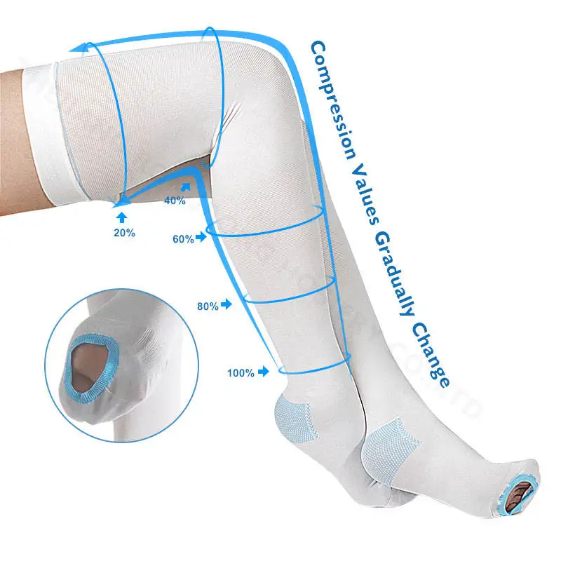 Hospital grade materials thigh high gradual compression socks toe seamed white 15-20 mmhg anti embolism compression stockings