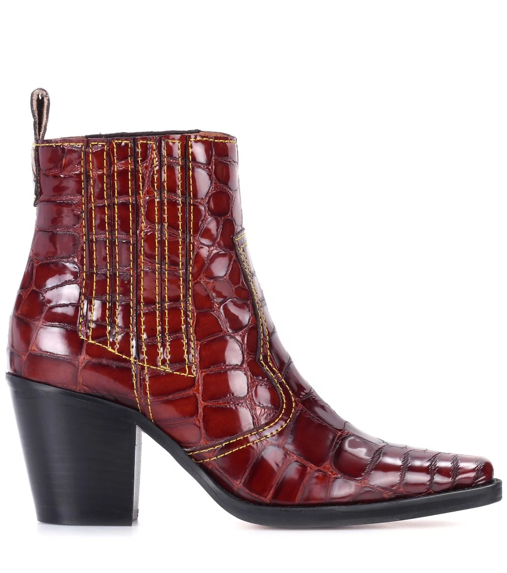 2019 Ladies Block Heel White Slip on Mid Heel Short Red Patent Square Toe Texas Ankle Boots Brown Crocodile Print Cowboy Booties