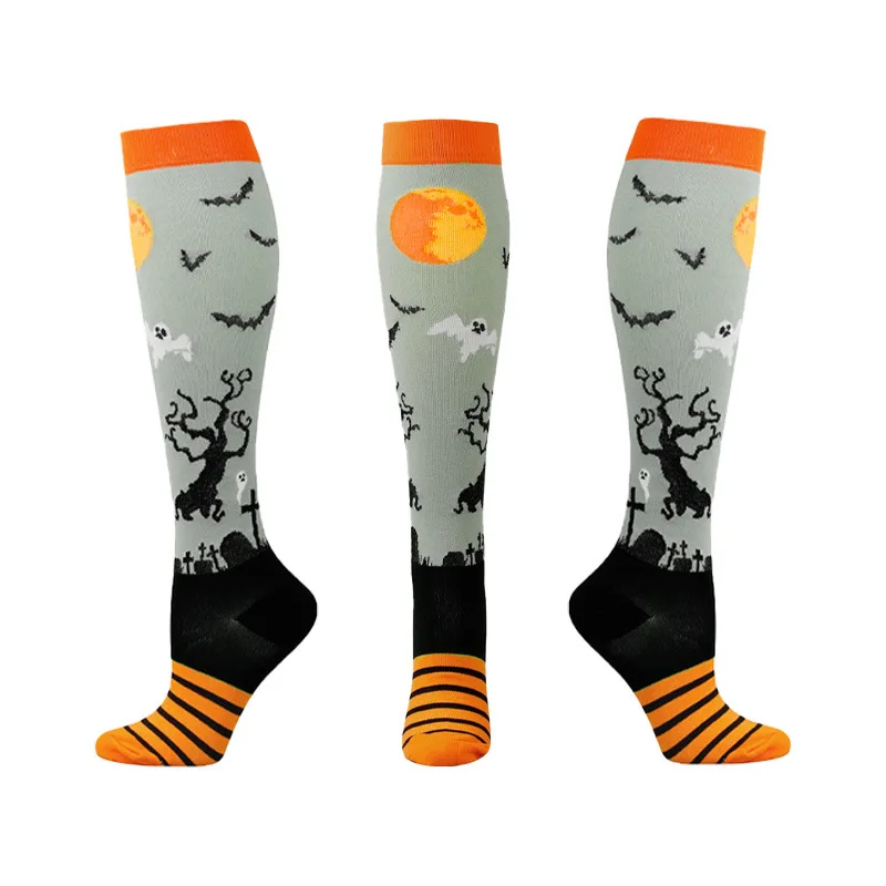 Halloween Socks Athletic Ghost Pumpkin Skulls Festival Knee High Socks Graduated For Sport Nurses Compression Socks