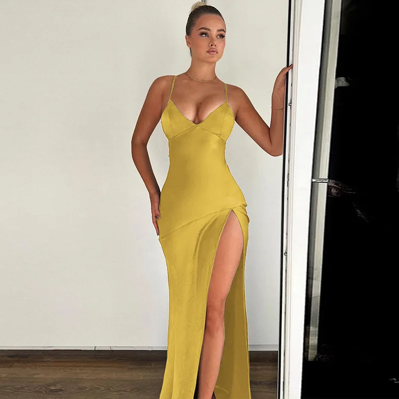 Elegant V Neck Open Back Split Club Long Dresses Party Backless Satin Birthday Bodysuit Sexy Prom Clubwear Strapless Maxi Dress