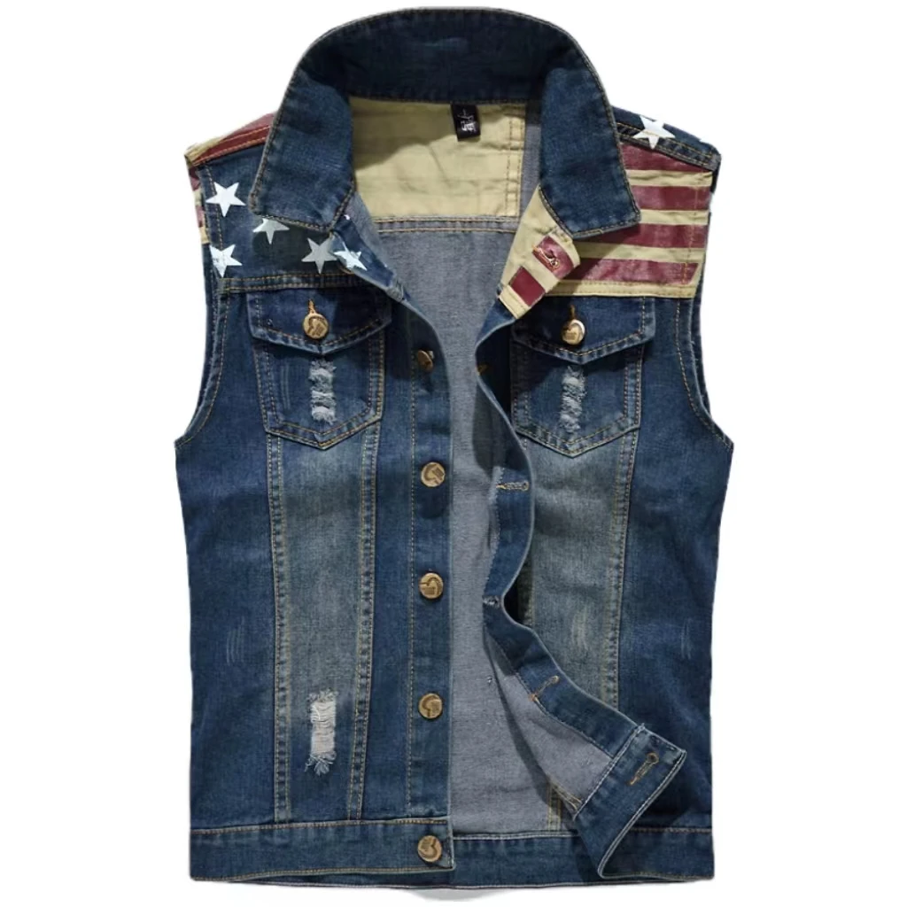 Wholesale Customized Soft Breathable Turn-down Collar Sleeveless Men Blue Denim denim vest