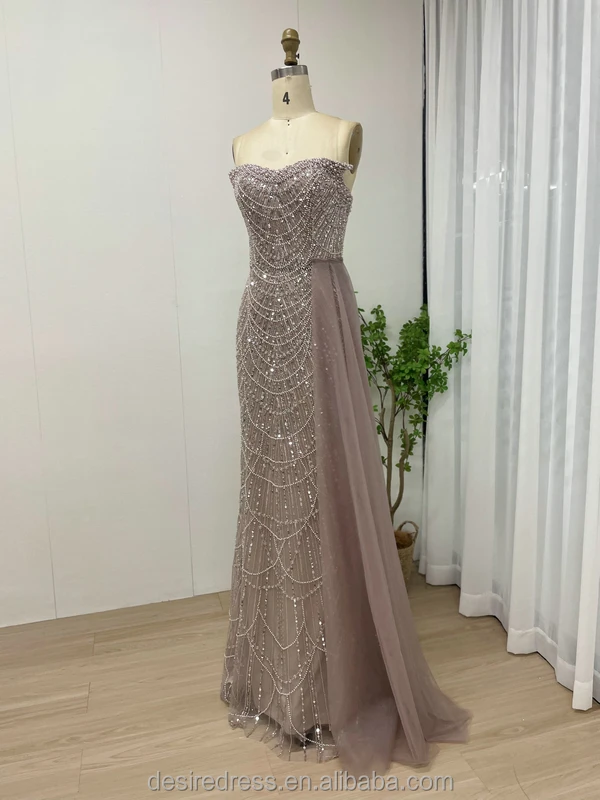 Newest Design White Beaded Pearls Mermaid Evening Dresses Strapless Sequined Prom Gowns With Side Train For Sexy Ladies MY30110