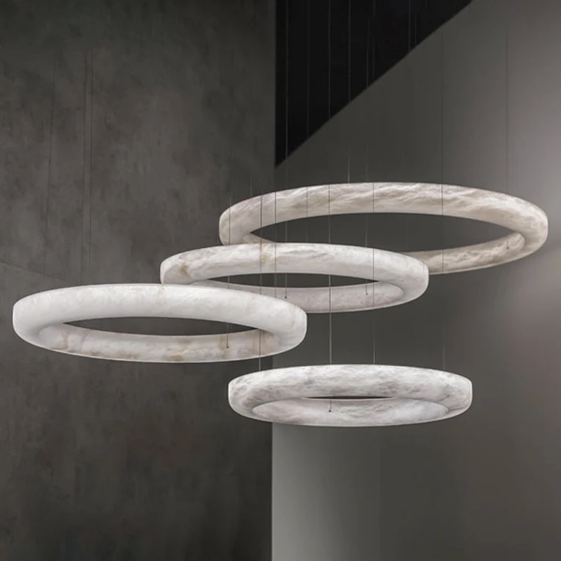 Modern Design Indoor Hanging Decoration Dining Room Large Hotel Industrial Style Iron Restaurant Alabaster Hanging Chandelier