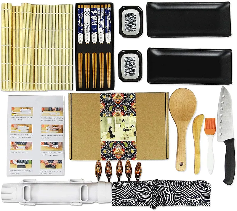 22 Pieces Sushi Making Set Bamboo Sushi Rolling Mats Plastic Sushi Maker Roller Silicone Brush Sauce Dishes