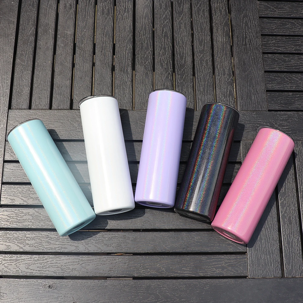 STOCKED 20oz rainbow glitter Shimmer sublimation skinny tumbler cup with lid and straw us warehouse