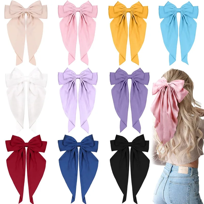 3pcs/bag Solid Color Streamers Hair Bow Large Stain Hairpin Women Luxury Ponytail Hair Ties Accessories Scrunchies Bowknot Clips