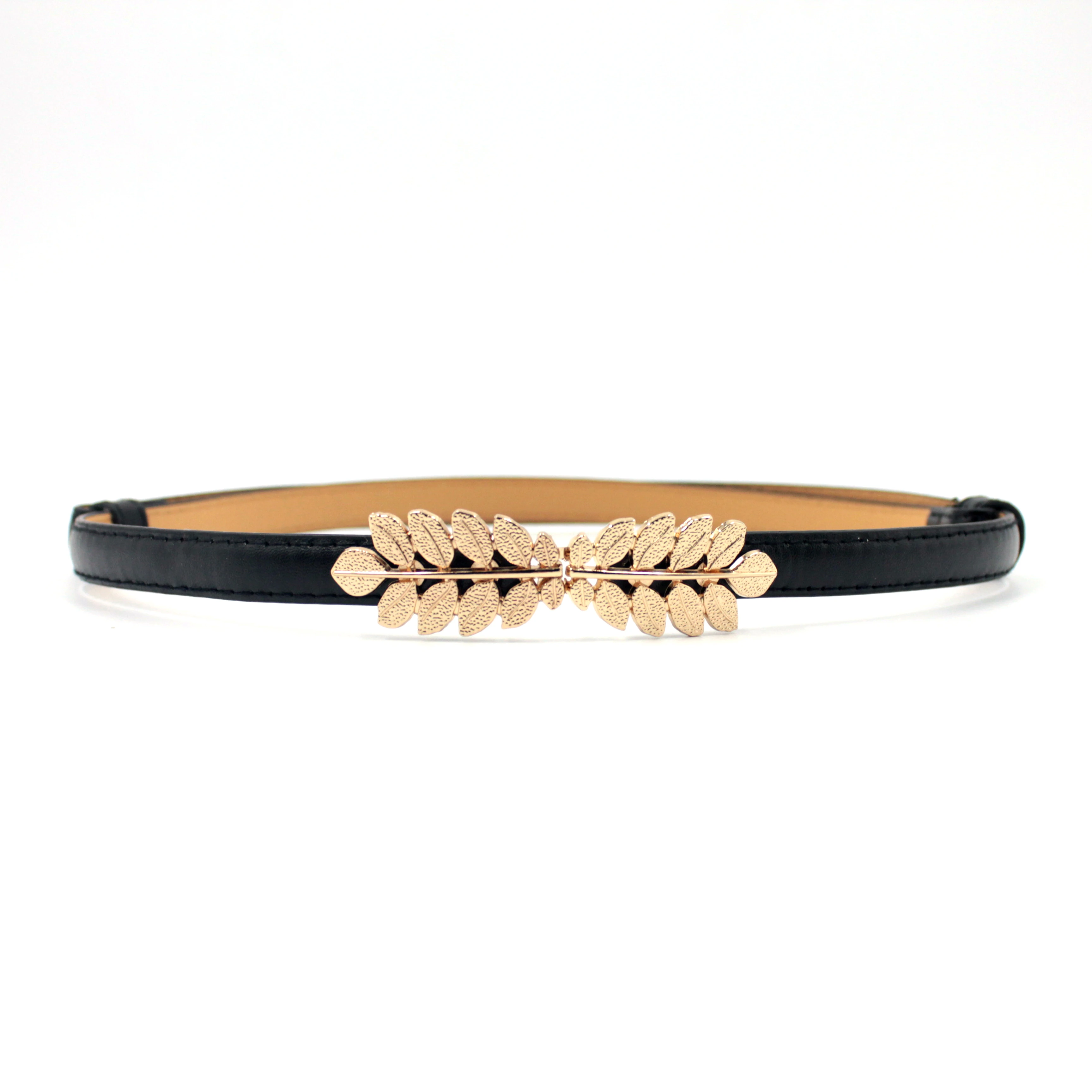 Women Belt Thin Skinny Metal Gold Elastic Buckle Waistband PU Leather Waist Belt