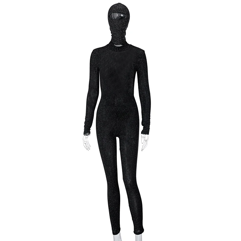Lygens New Arrival Glitter See Through Long Sleeve Backless One Piece Jumpsuit With Headgear Spring Ladies Stylish Clothing