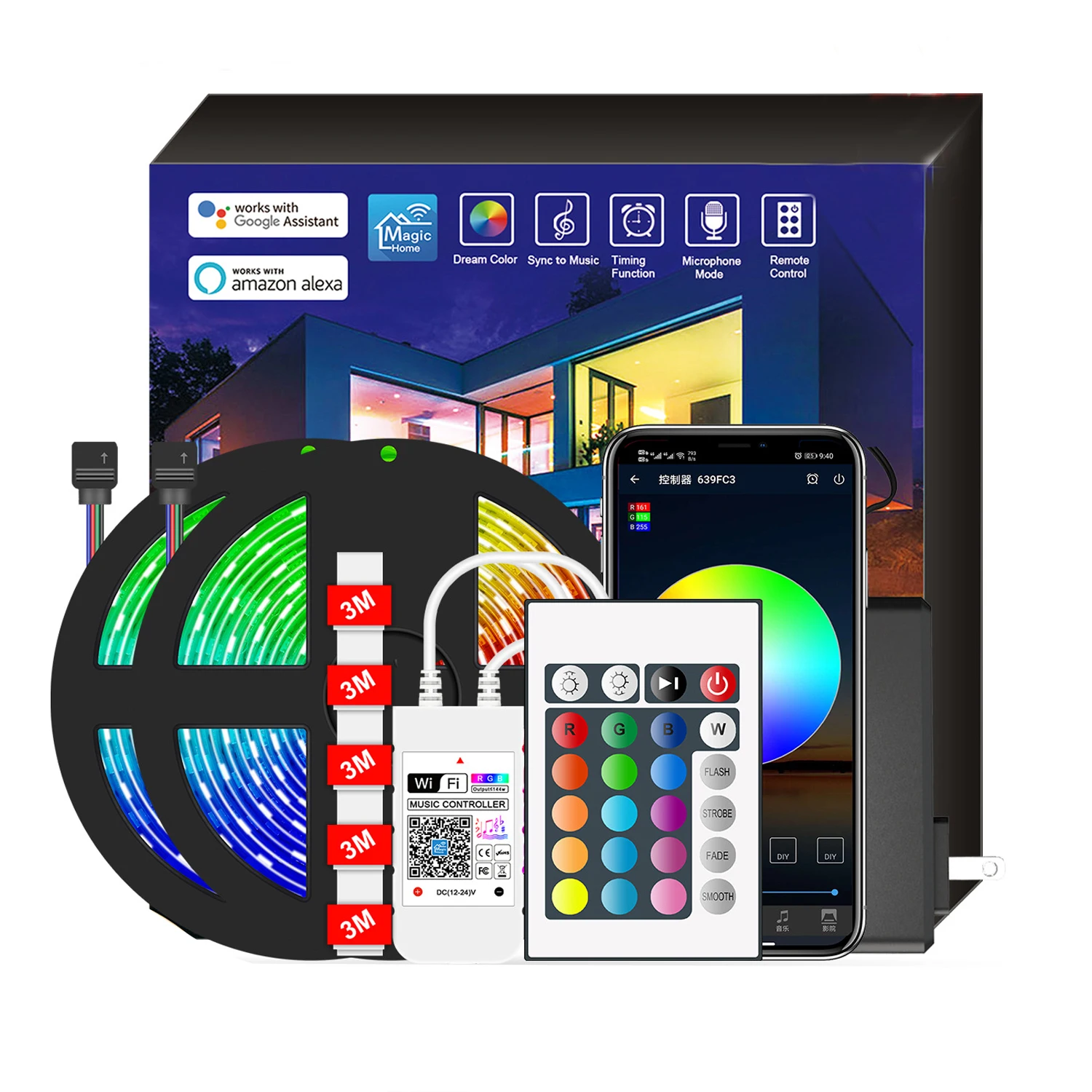 
On Stock Ip20 Ip65 24 Key Ir Remote Controlled 5M 300Led 12V 5050 Rgb Waterproof Led Strip Light With Power Adapter 