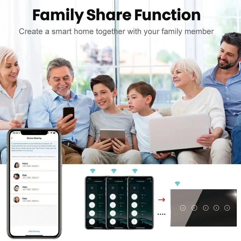 147 Type Wi-Fi  Universal 5 Gang SmartTouch wall Switch with Tuya App Remote Control and Backlight Function