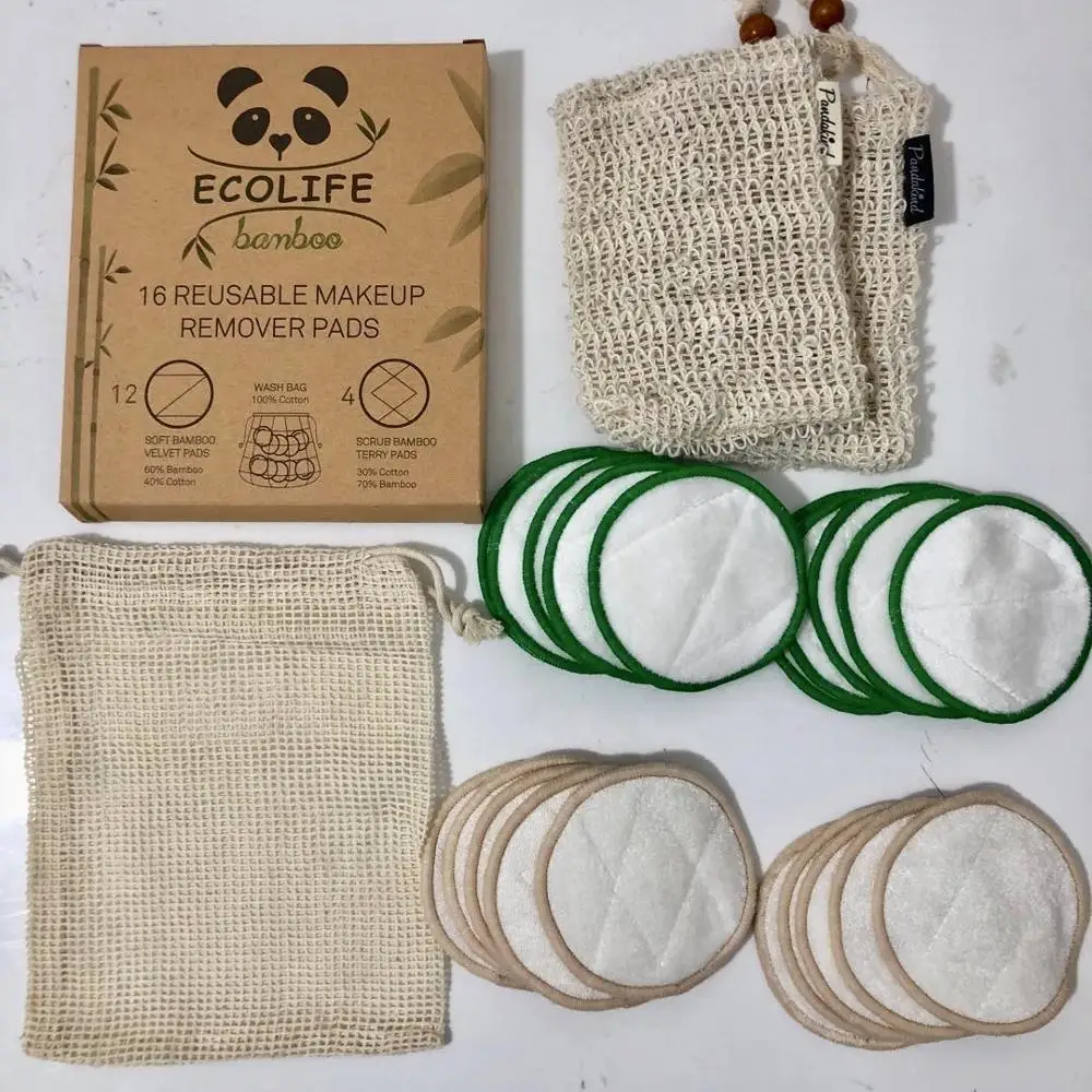 
Reusable facial makeup cleansing pads 12 soft bamboo velvet velour pads 4 scrub terry pads with wash bag packaging 
