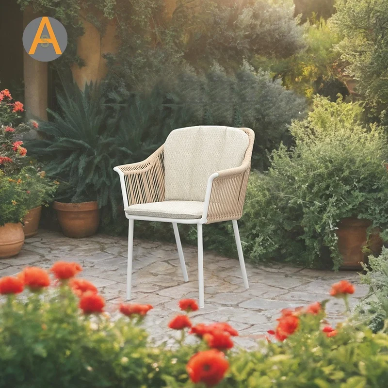 Hot sale outdoor furniture cream rope woven arm patio chairs aluminum bistro balcony garden chair