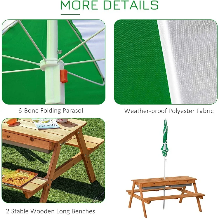 Outdoor Wood Picnic Table And Bench Set With Umbrella and sandbox Kids Backyard Furniture Gift For Ages