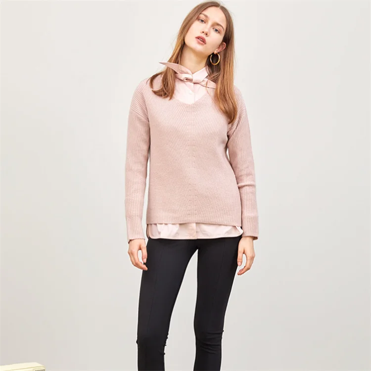 Womens high fashion V-neck pullover cashmere sweater knitwear