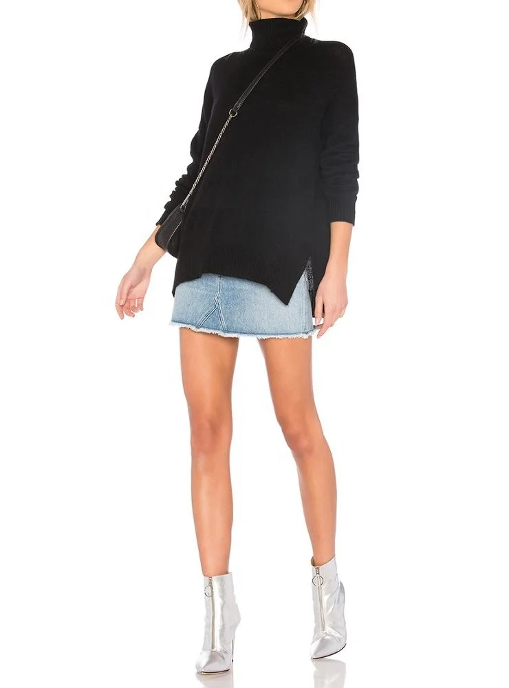 New designs high quality women black turtleneck pullover knit sweaters 100% cashmere side seam slits