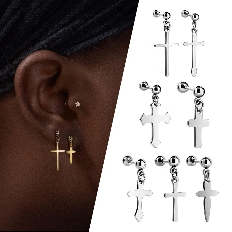 Personalized Gold Plated Silver Gothic Stud Earring Stainless Steel Cross Earrings For Men
