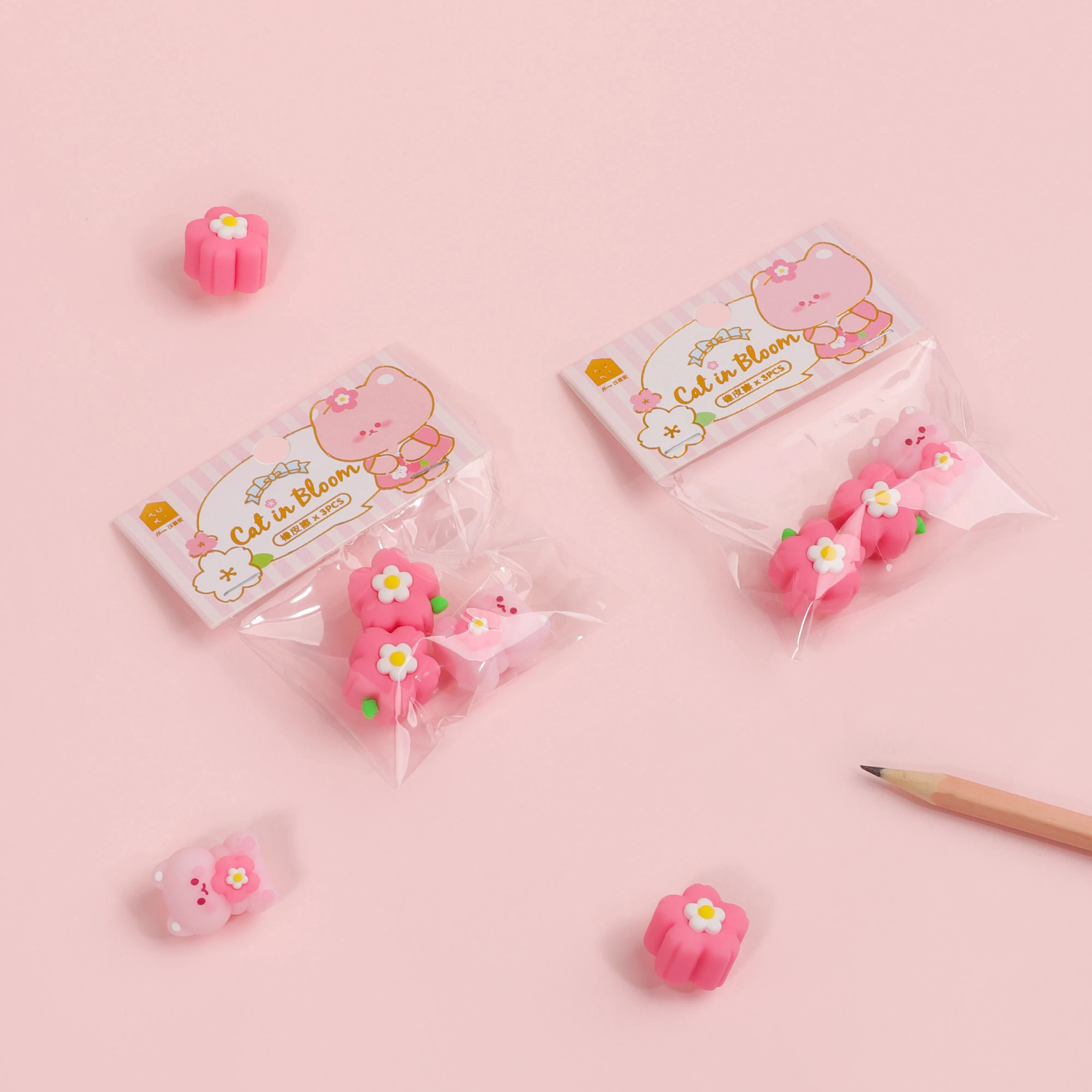 Pink Sakura Kitty Cute Style Sharing Package Kawaii 3D Eraser for Kids Students Fashionable Stationery for Study