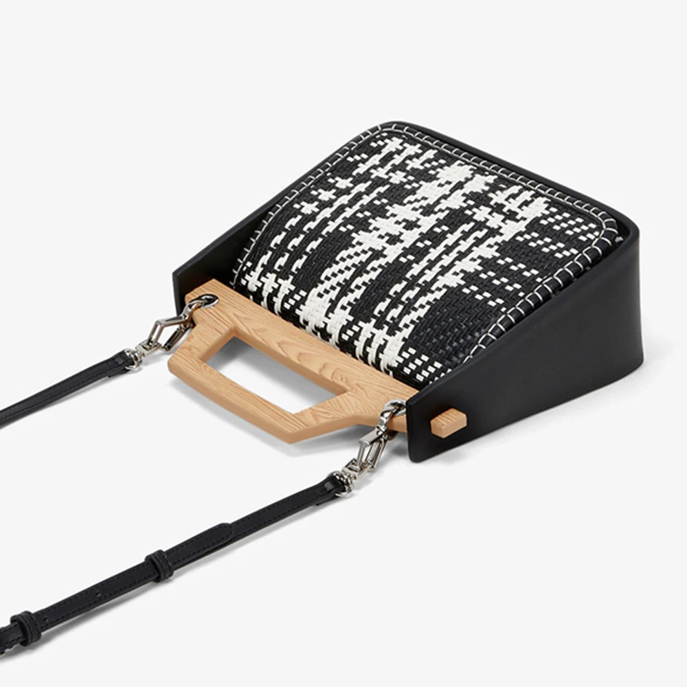 Hot selling wood handle woven classic ladies pu leather hand bags elegant women handbag purse