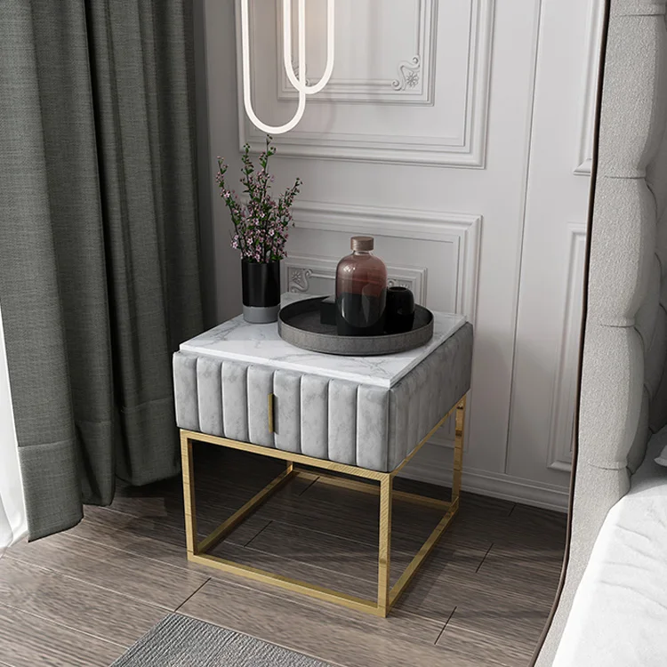 Nordic Modern Marble Board Velvet Bedside Table Light Night Table Bedroom Furniture Bedside Cabinet Velvet Nightstand