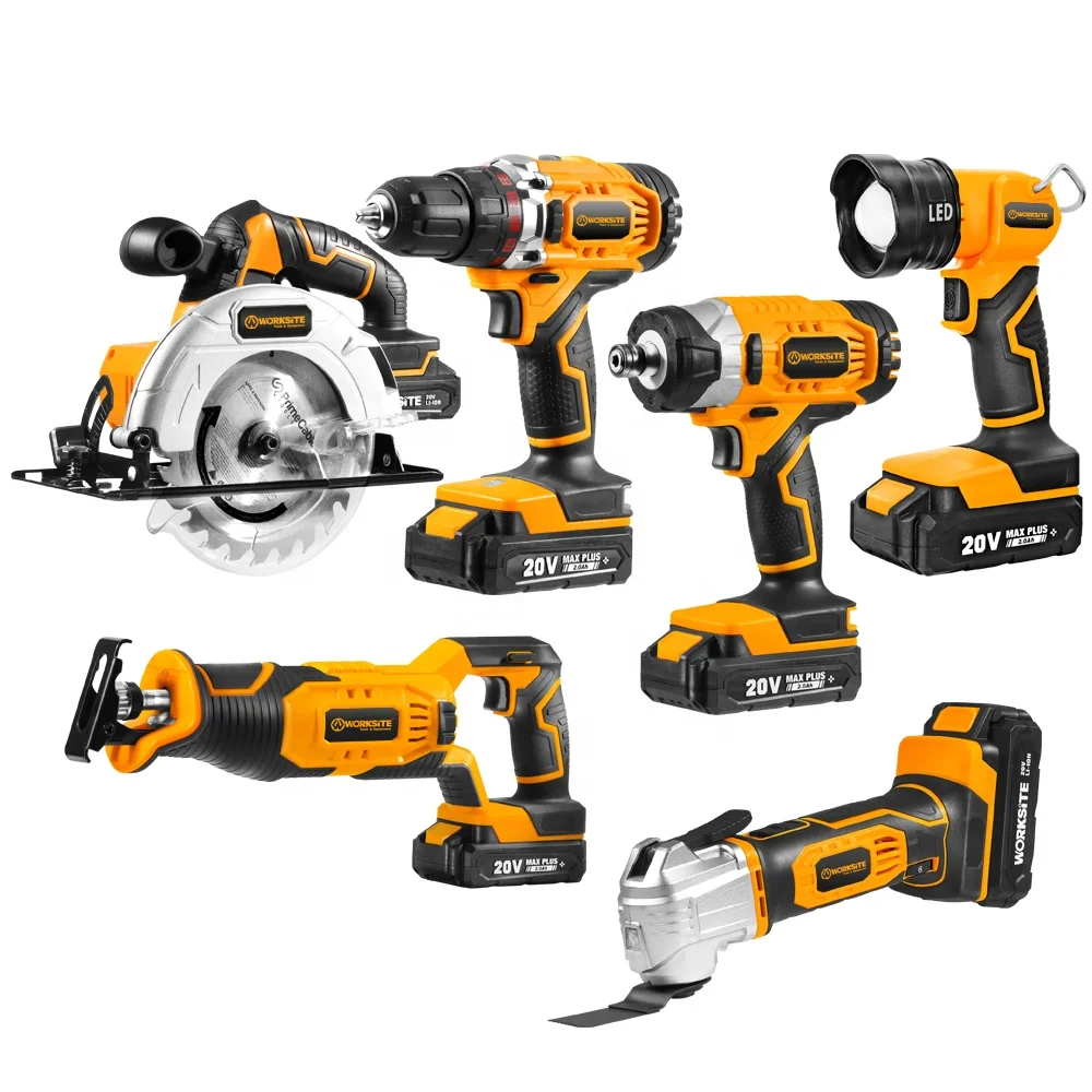 WORKSITE Customized Combo Kit 6PCS 20V Cordless Drill Impact Driver Circular Saw Oscillating Tool Reciprocating Saw Flash Light
