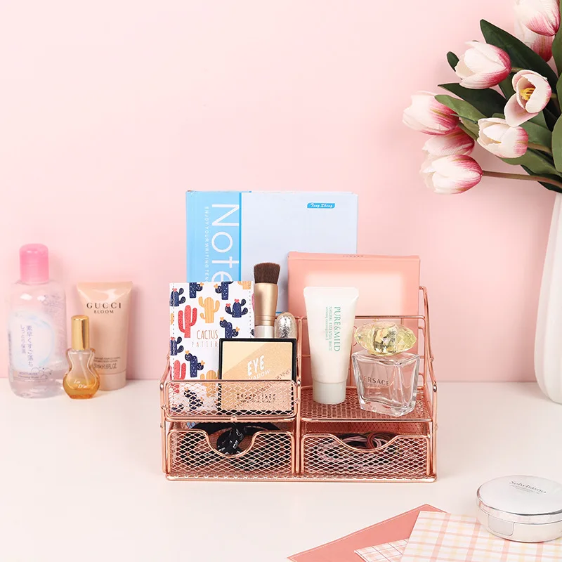 Wholesale factory price Metal Office supplies Rose Gold Mesh Desk Organizer Drawer Pen Pencil Holder