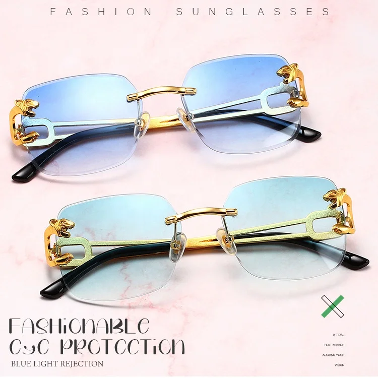 Luxury Rimless Tiger Design Sun Shades Woman Man Sun Glasses Eye Glasses UV 400 Square Metal Multi Color Sunglasses Wholesale