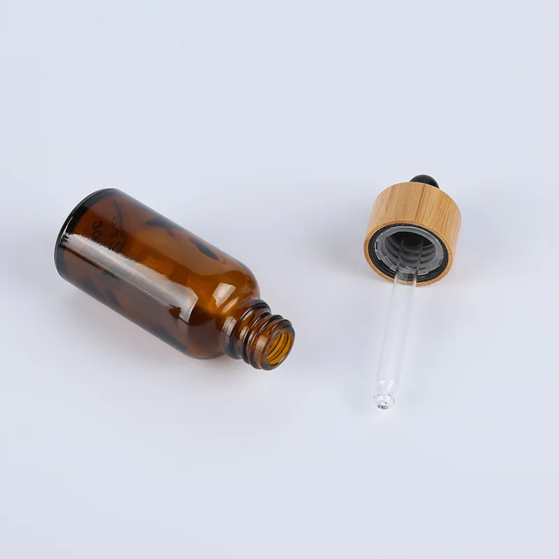 Glass Dropper Bottle Bamboo Lid Cap Amber Essential Oil Vial Industrial Facial Cleanser Eye Drops  20ml 15ml