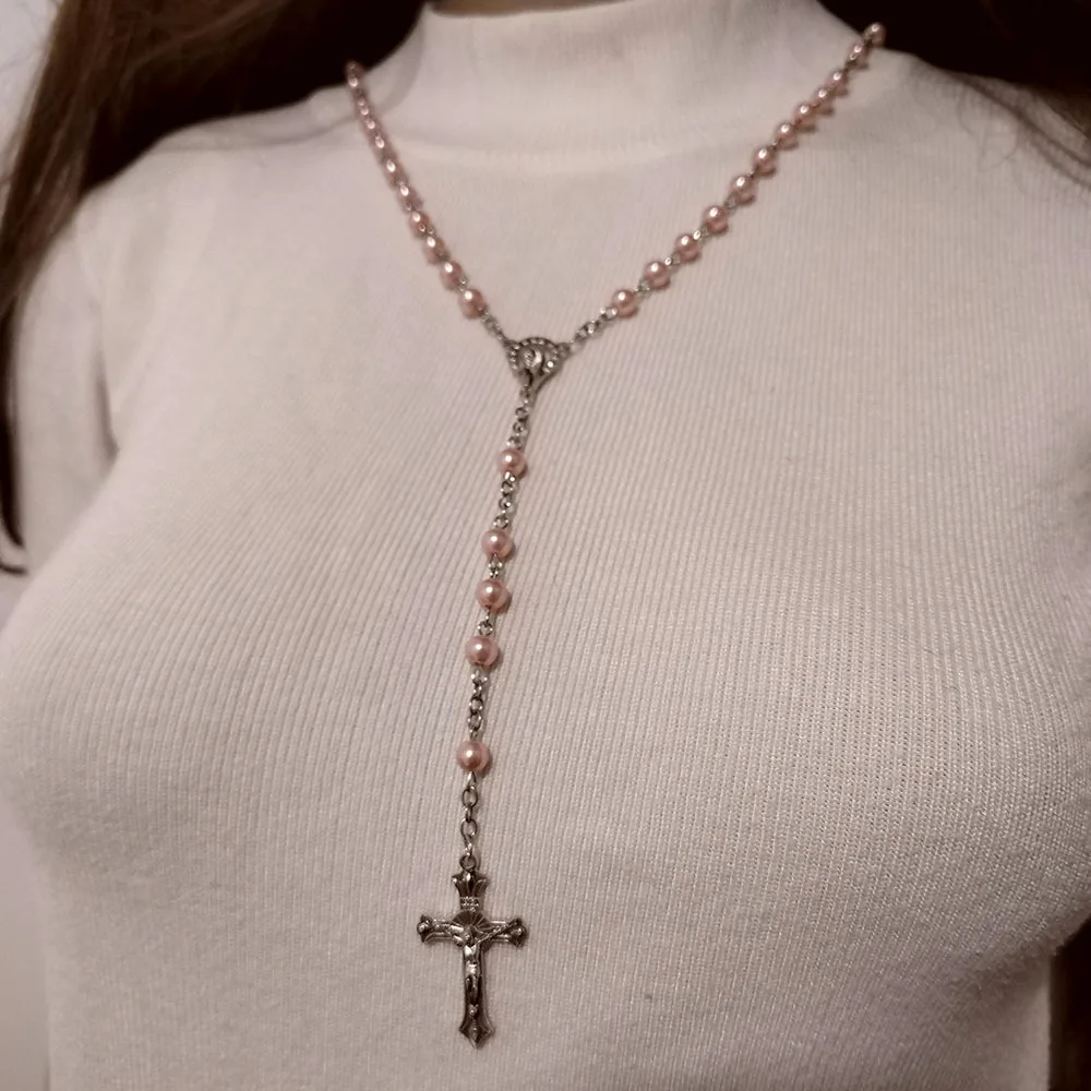 Pink and beige glass imitation pearl prayer beads Fatima cross necklace