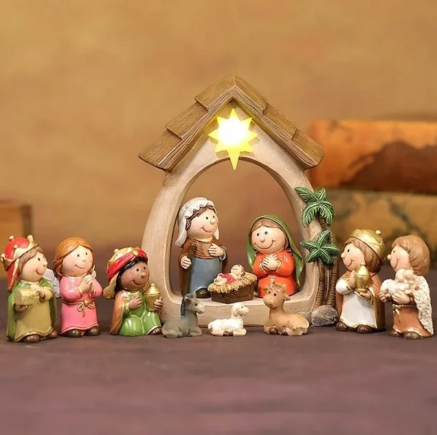Christmas LED Light Religious Figurines Custom Christmas Nativity Set Christmas Family Figurine