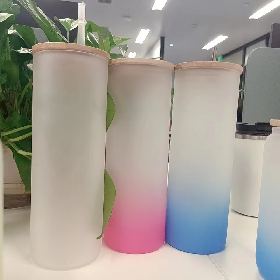 kagiso  Glasses Sublimation  Clear Frosted Gradient 20 oz Can Shaped Glasses with Bamboo Lid for Heat Press Transfer