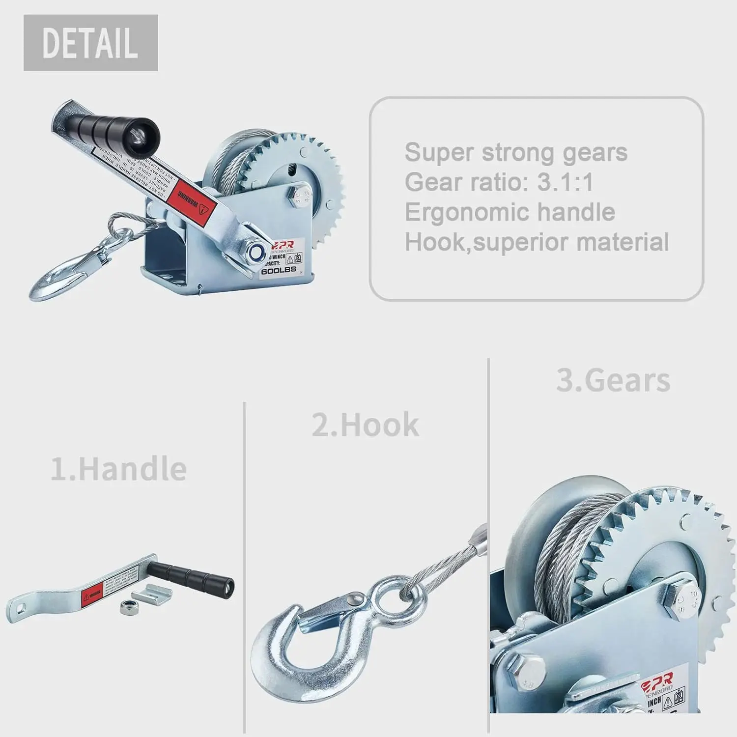600lbs Hand Winch, Manual Winch Operated Two-Way Ratchet Boat Trailer Marine Winch