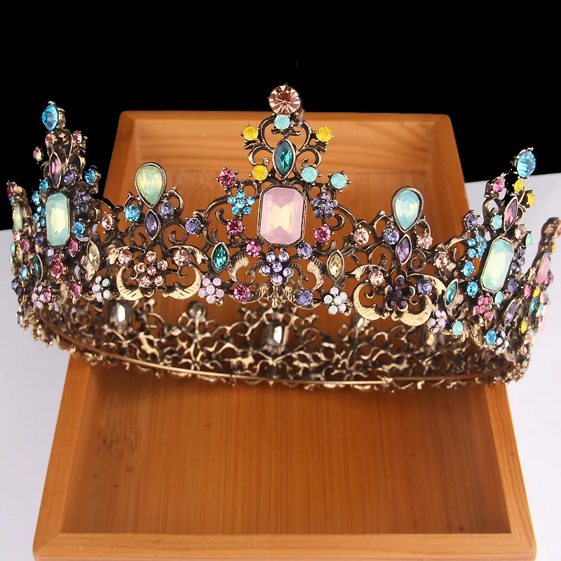 Big alloy crown retro gold inlaid colorful diamond princess crown hair accessories hot sale headwear