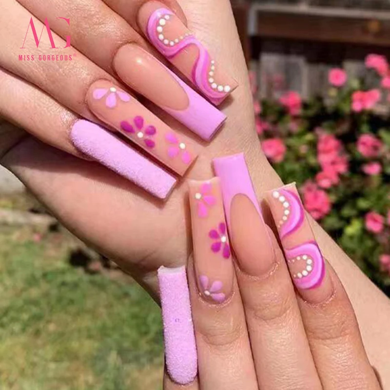 MG 24pcs Nails False OEM Ballerina French press on Nails Leopard Pearl press on Nails artificial fingernails Art for women