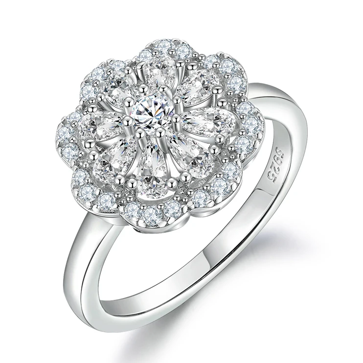 New Product Antiqued Flower Full-diamond cz Women Rings Jewelry Rhodium Engagement Ring for Women