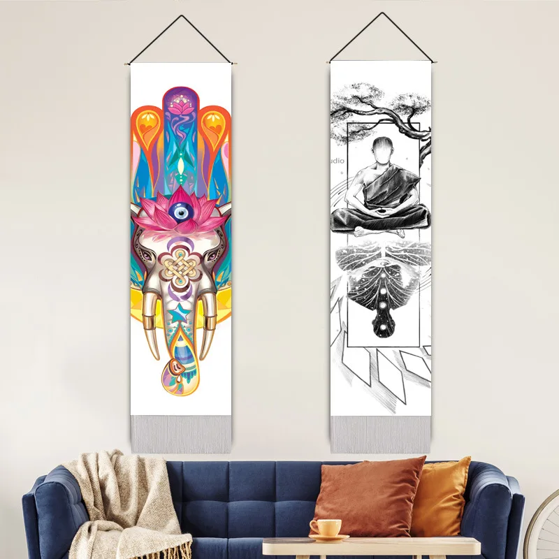 51.2X12.8 Inches Indian Hippie Buddha Wall Decor Seven Lotus Long Tapestry Vertical Wall Hanging with Tassel