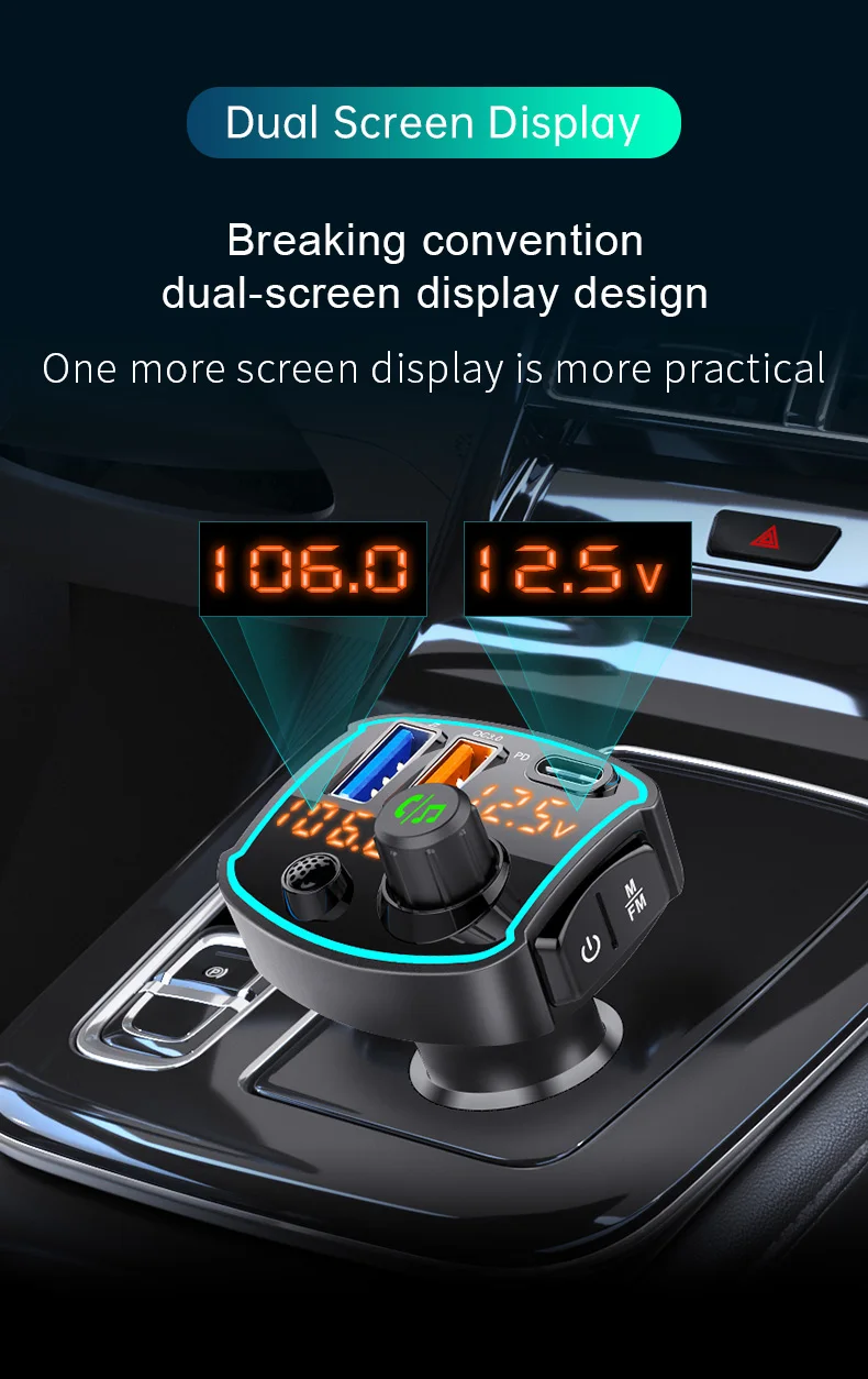  QC3.0 Type-C PD 18 Вт USB быстрое зарядное устройство для автомобилей светодиодный беспроводной fm-радио адаптер V5.0 Bluetooth fm-передатчик
