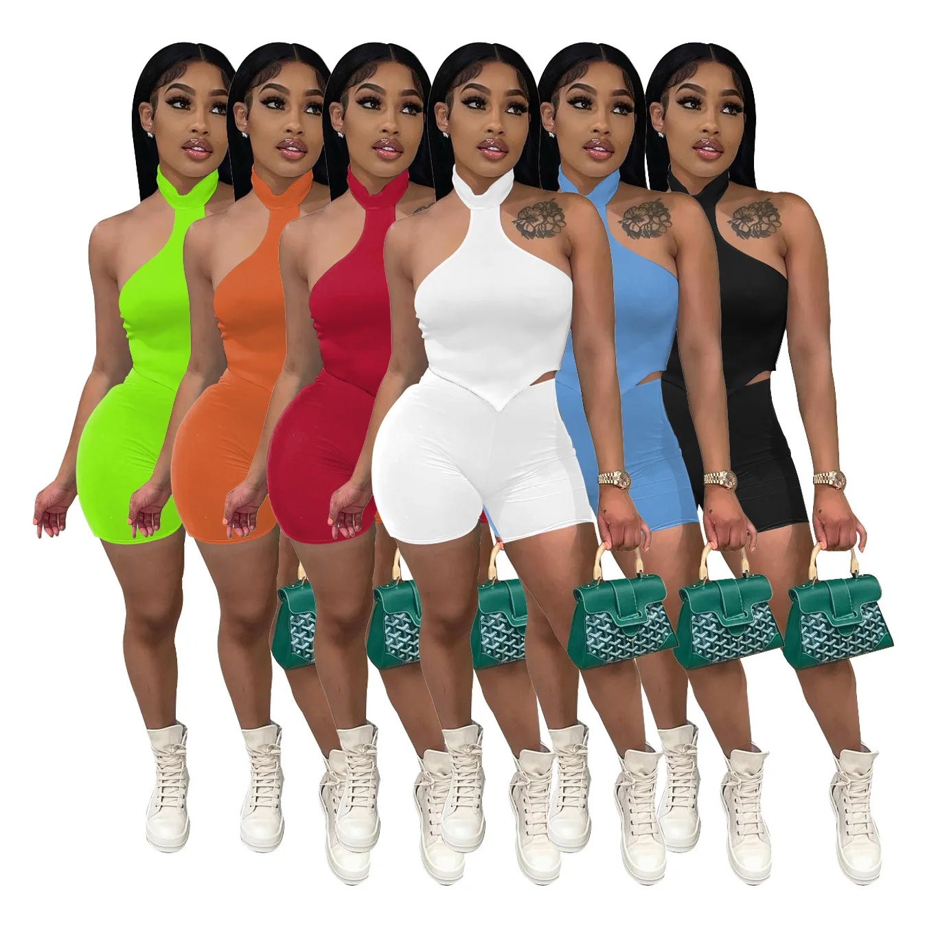 Solid Color Halter Backless Sleeveless Crop Top Biker Shorts Sets Summer Women Party Two Piece Short Set