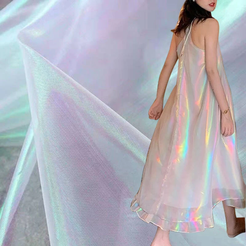 Wholesale Silent Rainbow 100 Polyester organzar fabric Iridescent Holographic Gauze Fabric iridescent fabric