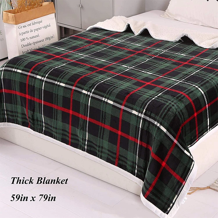 
Factory Wholesale Multi Functonsl Fuzzy Blanket Super Soft Green Plaid Flannel Blanket With Sherpa Lining 