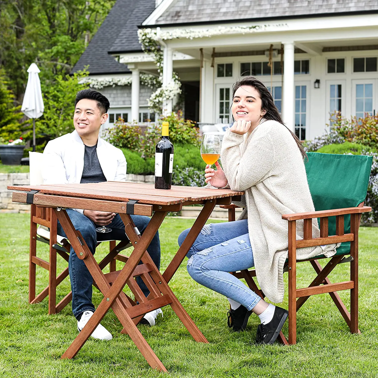 WOQI Lounge Outdoor Table Set Roll Top Legs Folding Wooden Table for Garden Patio Beach BBQ